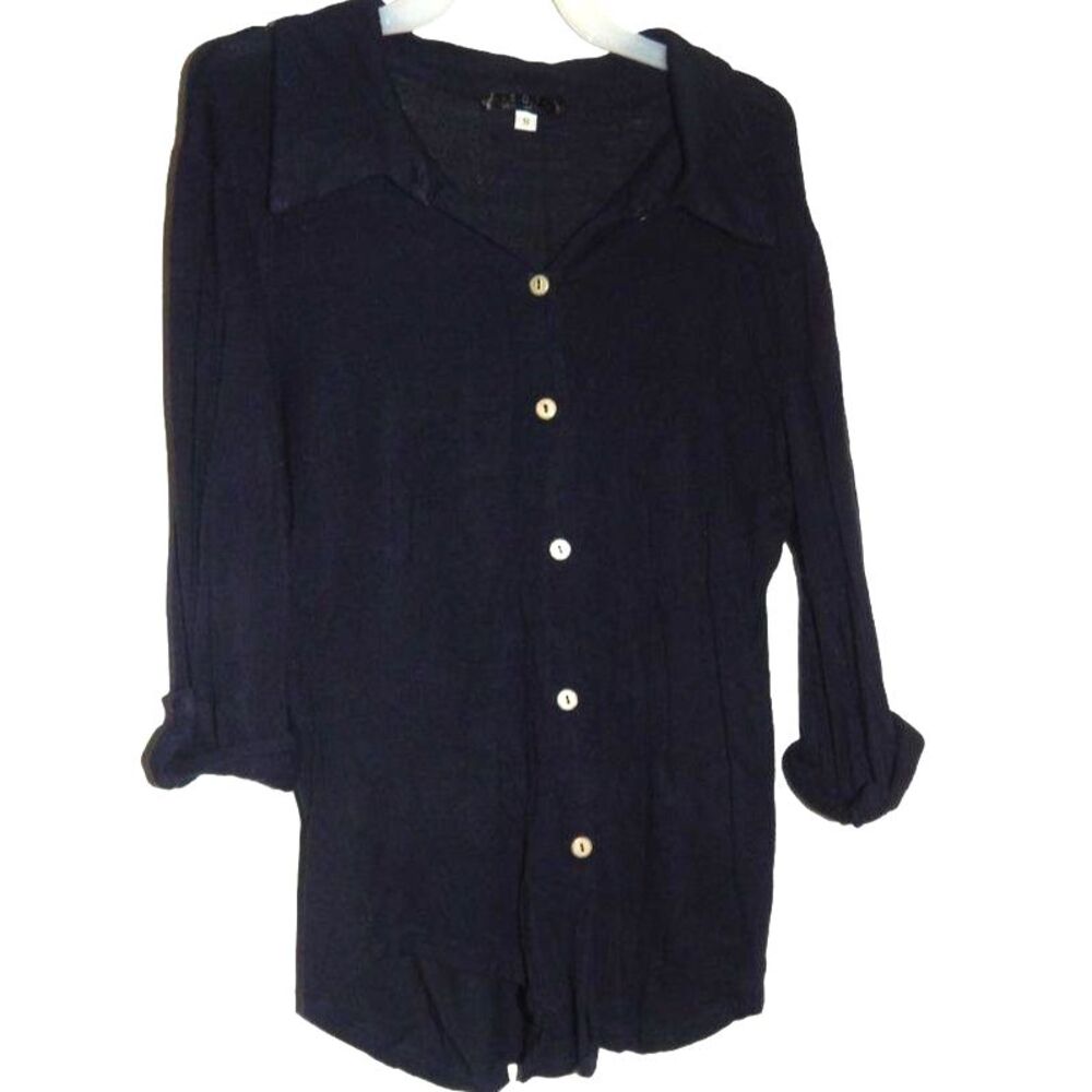 S.O.Y Shine On You women’s small navy blue semi sheer button front shirt
